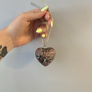 Vintage Cloisonné Heart Christmas Ornament Collectible Pink Flowers Birds
